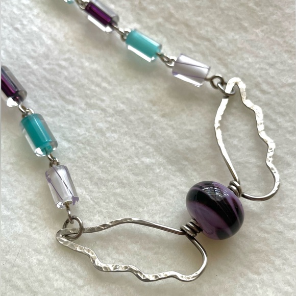 Handmade Sterling‎ Bat Wing Necklace Lampwork Beaded Chain Purple Turquoise - Picture 4 of 9